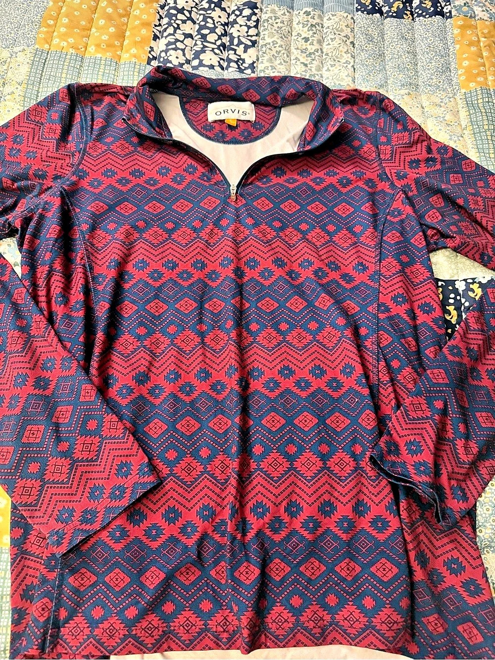 Orvis Geometric Quarter-Zip Top in Blue & Red Size Large